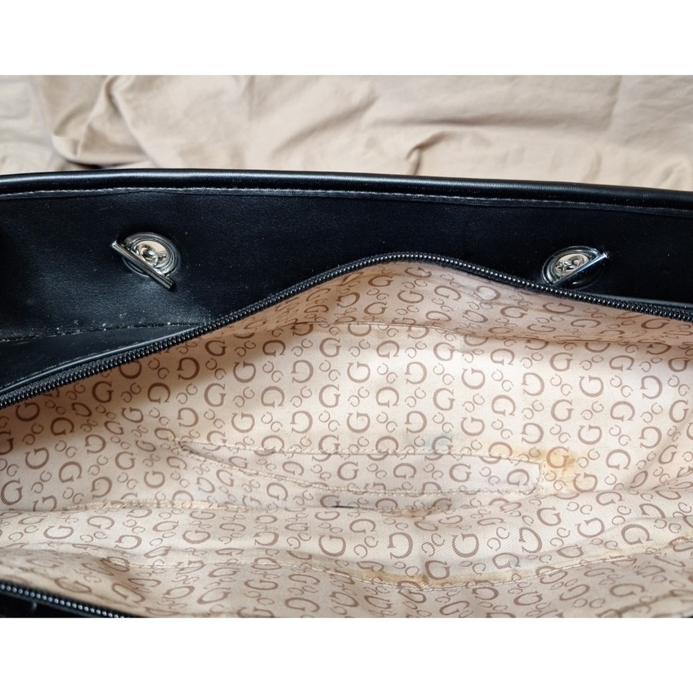 Vintage Guess Canvas Tote w Chain Handles 90s Retro Large Y2K Black Trim Metal - Picture 10 of 16